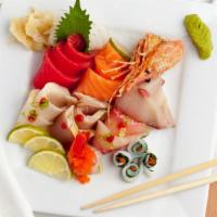 Assorted Small Sashimi · Served with  salad and rice or edamame. 3 tuna, 3 salmon, 2 yellowtail, 2 white tuna, 2 alba...