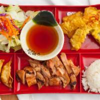 Dinner- 2 Item Combo Specials · Served with salad, rice and 2 pieces gyoza or 2 pieces CA roll or edamame.
