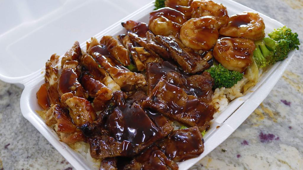 Super Combo · Shrimp, chicken, and beef topped with your choice of teriyaki sauce or hot garlic sauce along with your choice of rice, noodles, or vegetable only. Mixed vegetables are included with choice of rice or noodles.