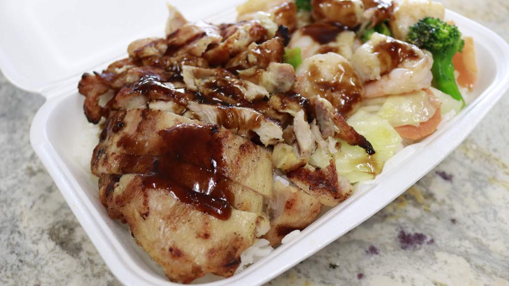 Chicken & Shrimp Combo · Chicken & shrimp topped with your choice of teriyaki sauce or hot garlic sauce along with your choice of rice, noodles, or vegetable only. Mixed vegetables are included with choice of rice or noodles.