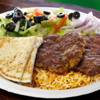 Chapli Kabob · Lean ground beef mixed 24 hours prior with special homemade spices served with rice and salad.