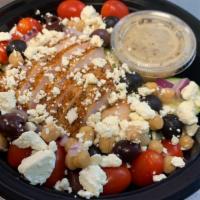 Smoked Chicken Greek · Smoked Chicken Breast- with
Cucumber, Cherry Tomatoes, Red
Onion, Kalamata Olives, Chickpeas...