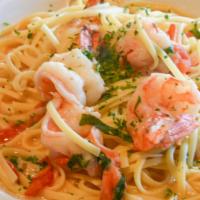 Shrimp Scampi · Linguini with tomato, basil in white wine sauce.