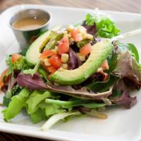 Side Salad · Mixed greens, avocado, tomato, grilled com with balsamic vinaigrette.