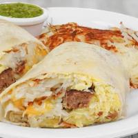 Breakfast Burrito · Two strips of bacon, one sausage, two eggs scrambled and cheddar cheese all wrapped in a war...