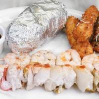 Chicken Kabob And Shrimp · Tender chicken kabob paired with your choice of grilled or fried shrimp.