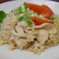 Thai Fried Rice · Choice of meat stir-fried with rice,egg,tomatoes,carrot,peas, and onions.