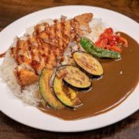 Chicken Thigh Katsu Curry Platter · Platter of white rice topped with soboro (seasoned, sautéed minced chicken), crispy chicken ...