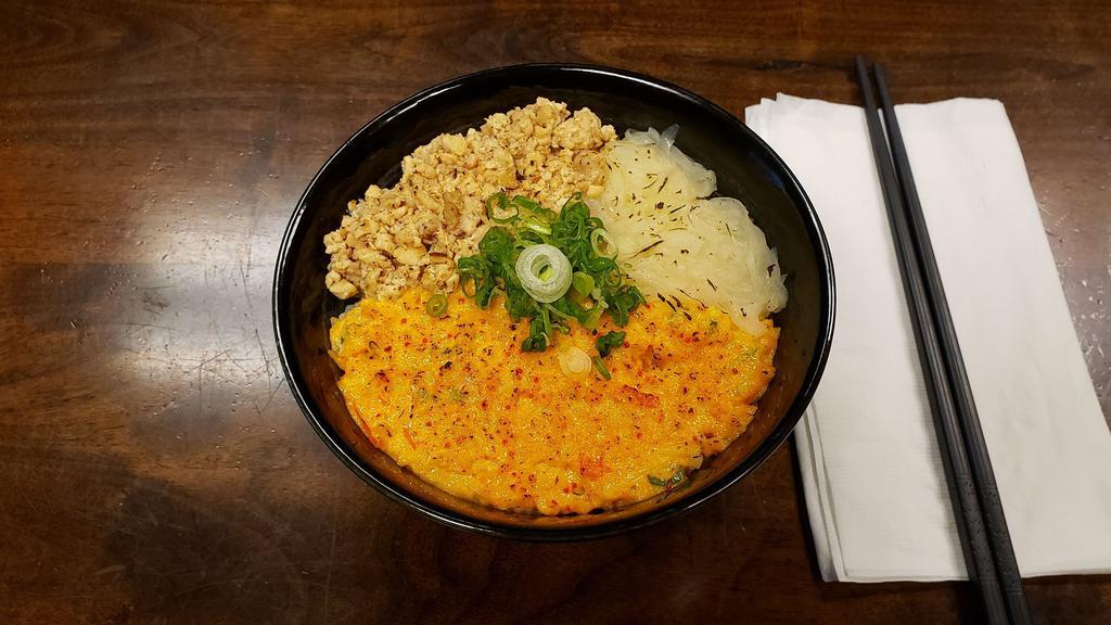 Spicy Mentaiko-Soboro Donburi · Steamed white rice topped with soboro (seasoned sauteed minced chicken), torched mentaiko mayonnaise (pickled & spicy cod roe) | caramelized onions, sliced green onions and sesame seed garnish.