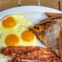 French Toast Combo · 4 wedges of house-made french toast served with 3 eggs and your choice of 3 bacon or 3 sausa...