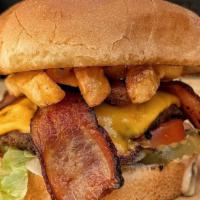 Eagle Burger · 100% Beef Patties, Cheese, Lettuce, Tomato, Pickles, Onions, Bacon, Fries, Thousand Island