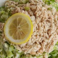 La Scala Tuna Chopped Salad - No Salami · Lettuce, Tuna, mozzarella cheese, marinated garbanzo beans, leon dressing.