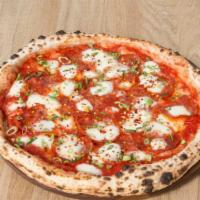 Diavolina Pizza · Mozzarella, spicy salame, and scallions.