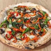 Campo Pizza · Rapini, eggplant, zucchini, peppers, and mushroom.