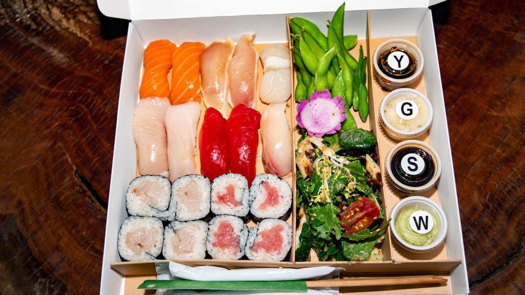 Box 3 - 10 Piece Nigiri · Japanese edamame or wasabi green beans, ginger truffle salad, 2 pieces salmon, 2 pieces tuna, 2 pieces albacore, 2 pieces yellowtail, 1 piece striped jack, 1 piece scallop, and 2 cut rolls.