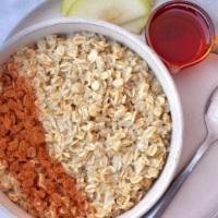 Organic Gluten-Free Oatmeal · Rolled oats, maple syrup, cinnamon, fresh seasonal fruit.