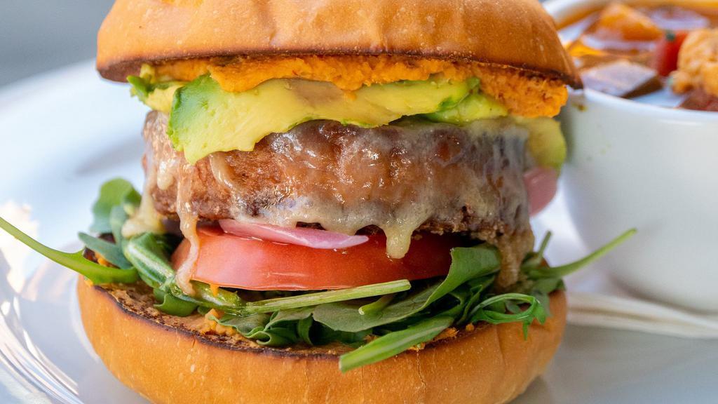 Veggie Burger · Beyond Meat Patty, White Cheddar Cheese, Pickled Onion, Avocado, Hummus & Fresh Produce