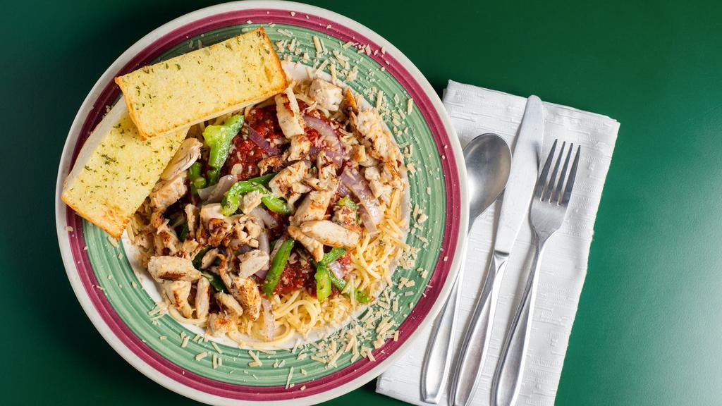 Garlic Chicken Pasta · Includes chicken, garlic, onions, bell peppers, shredded Parmesan and spaghetti noodles.
Choice of Meat Sauce, Marinara Sauce or Pesto Sauce.  
Served with garlic bread.