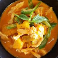 Pumpkin Curry · Spicy. Choice of meat, sweet pumpkin, green chili and basil.