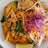 Pad Thai · Thin rice noodle, egg, bean sprouts, red onion, scallions and crushed peanut.