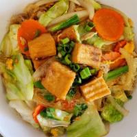 Pad Woon Sen · Glass noodle, egg, carrot, cabbage, tomato, onion, scallions and shitake mushroom.