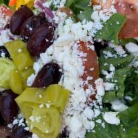 Greek Salad · Vegetarian. Gluten-free. Romaine lettuce, tomatoes, red onion, kalamata olives, feta cheese,...