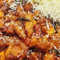 Dak-Galbi (For 2 People) · Stir-fried chicken marinated in sweet-spicy sauce with sweet potato, carrot, cabbage, rice c...