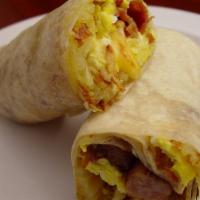 Breakfast Burrito · Eggs, cheese, hash brown and your choice of meat.