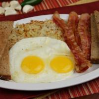 Bacon & Eggs · Three strips of bacon, two eggs, hash brown, toast, and jelly.