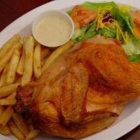 Pollo Asado - Fries & Salad · Delicious half grilled chicken with french fries, salad, and tortillas.