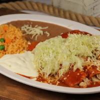 Enchiladas (3) Plate · Three chicken or cheese enchiladas topped with red or green sauce, lettuce, cotija cheese, a...