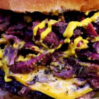 Pastrami Burger Combo · grilled pastrami, mustard, aioli & pickles. w/fries & can drink. substitute w/Lrg fries, oni...