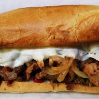 Philly Chicken Sandwich Combo · On 8inch telera rolls, sautéed onions & bell peppers, chicken, cheese & special sauce. w/fri...