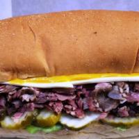 Pastrami Sandwich Combo · On 8inch telera roll, grilled pastrami, pickles, mustard, cheese, special sauce. w/fries & c...