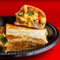 Burrito California · Flour tortilla, fries, cheese, choice of meat, pico de gallo, guacamole, sour cream, and che...