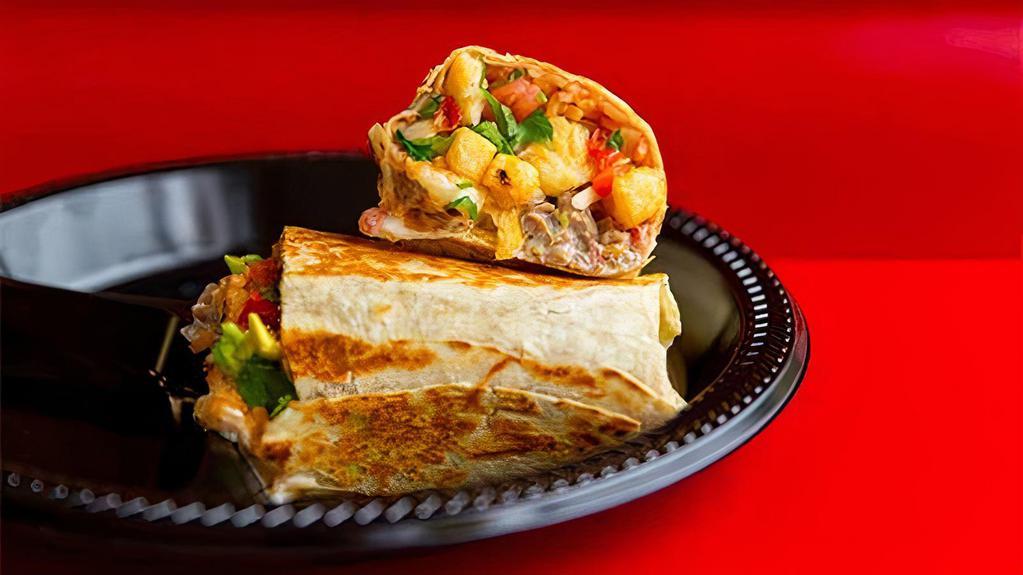 Burrito California · Flour tortilla, fries, cheese, choice of meat, pico de gallo, guacamole, sour cream, and cheese.