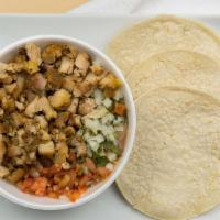 Bowl · Choice of protein, pinto beans, rice, salsa, and pico de gallo with corn tortillas on the si...