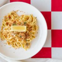 Clams · Spaghetti, clams, white wine, garlic, butter, parsley, parmigiano reggiano breadcrumb.