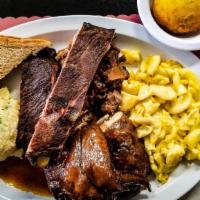 Three Meat · Choice of ribs, brisket, chicken, hot links, pulled pork,  or rib tips; each meal comes with...