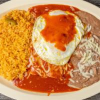Enchiladas A Caballo · Two cheese enchiladas, topped with two eggs, any style covered with enchilada sauce, served ...