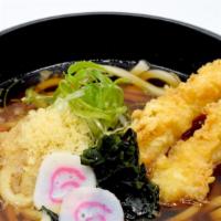 Shrimp Tempura Udon · Udon noodle, 2 pieces shrimp tempura, bonito broth, seaweed, fish cake, green onion