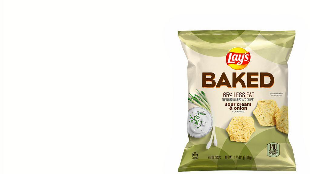 Baked Lay'S® Sour Cream & Onion (130 Cals) · SNACK A LITTLE SMARTER™ with Baked RUFFLES® Cheddar Sour Cream & Onion Potato Chips… It’s the RUFFLES® Cheddar Sour Cream & Onion chip you love, just Baked, so you still get 100% of that rich, velvety Cheddar & creamy sour cream flavor.