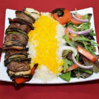 Koobidah Kabob · 1 skewer ground beef. Includes basmati rice and salad.