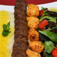 Beef Shish Kabob · 1 skewer of fresh filet mignon served with grilled veggies. Includes basmati rice and salad.