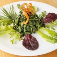 Gomaae · Blanched organic spinach tossed in sesame . dressing.