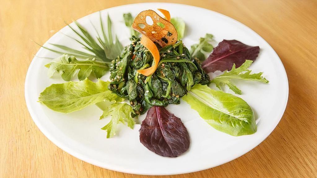 Gomaae · Blanched organic spinach tossed in sesame . dressing.
