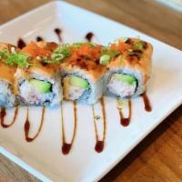 Alaska Roll · crab, avocado topped with baked salmon, . massago, scallions, spicy mayo & eel sauce