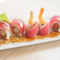 Cosmic Roll · Spicy tuna & shrimp tempura roll with pepper seared ahi tuna, red onions, yuzu-wasabi dressi...