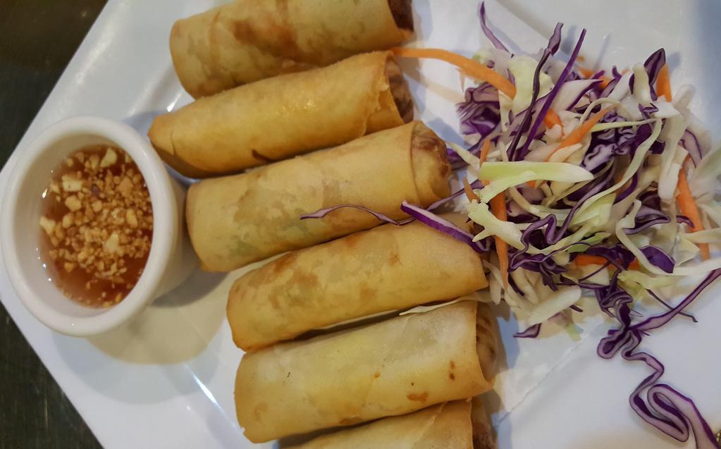 Fried Spring Rolls (4 Pc) · Crispy rolls wrapper vegetarian rolls of cabbage, carrot, noodles served with leela thai sauce.