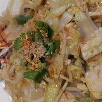 Kai Kua Noodle · Stir fried flat noodles with napa cabbage, onion, bean sprouts and egg.